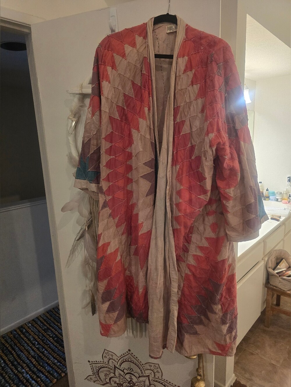 MAGNOLIA pearl Vintage-Inspired Pink Patchwork Long Coat Kimono